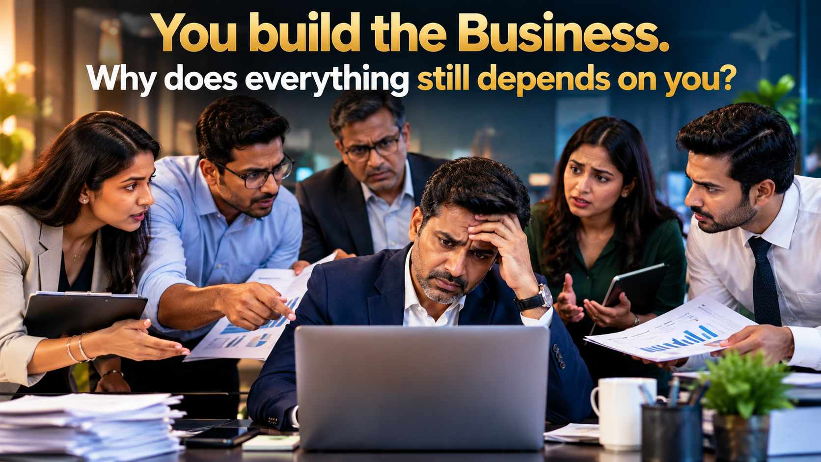 An Indian business owner at his desk, surrounded by team members pointing at reports, visibly overwhelmed as everything depends on him